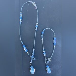 Beaded Loop Necklace & Bracelet Set w/ Blue Agate Stones by Amy Leiner Designs